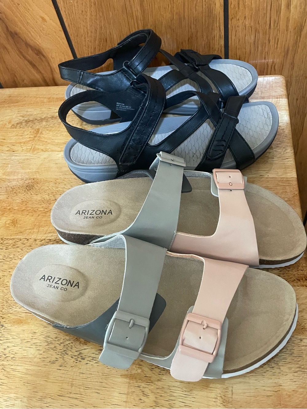Women's Black Strappy Sandal + Blush & Gray Buckle Slide Duo